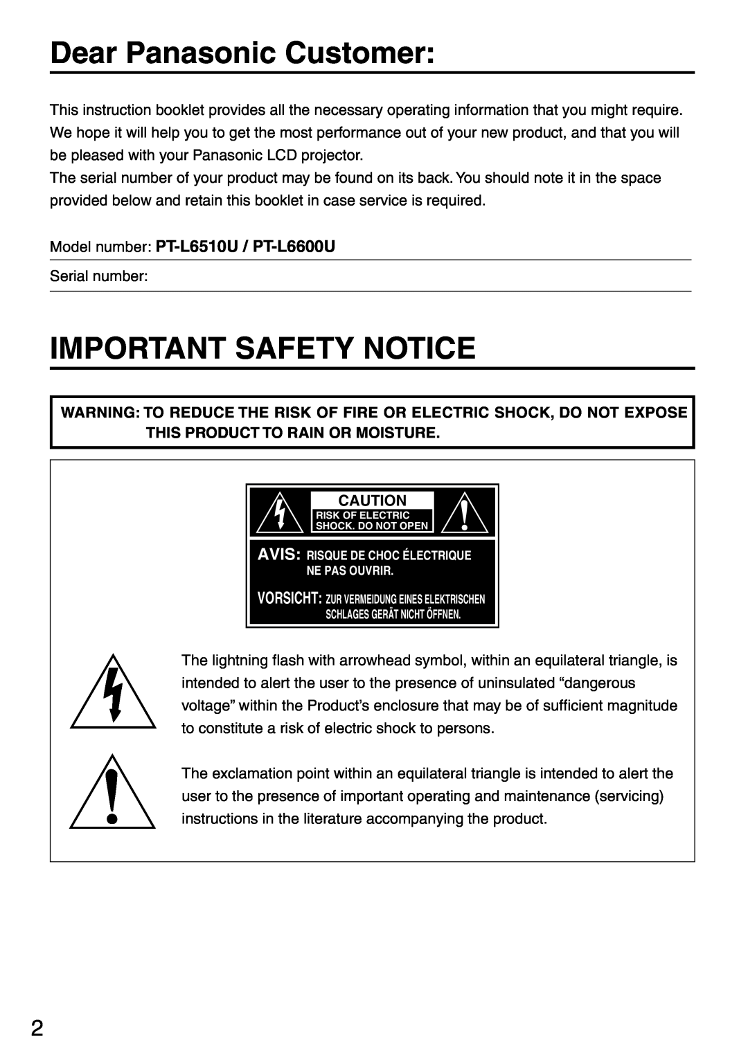 Panasonic manual Dear Panasonic Customer, Important Safety Notice, Model number PT-L6510U / PT-L6600U 