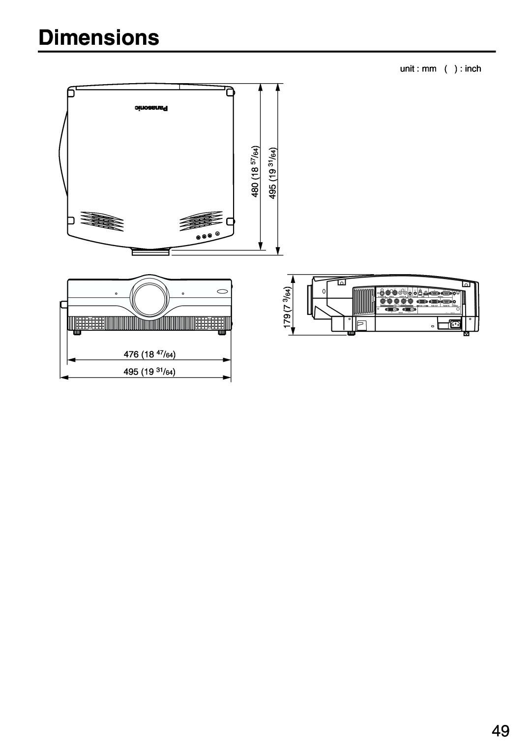 Panasonic PT-L6510U manual Dimensions, 7179 476 18 47/64 495 19 31/64, unit mm inch 