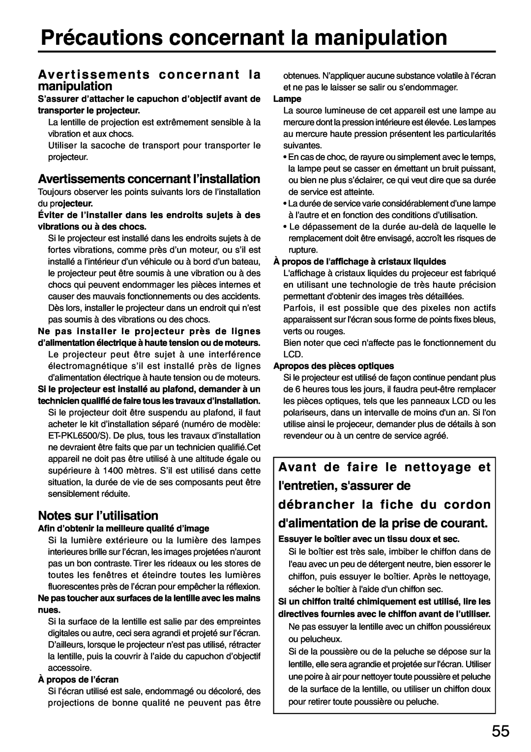 Panasonic PT-L6510U manual Précautions concernant la manipulation, Aver tissements concernant la manipulation 