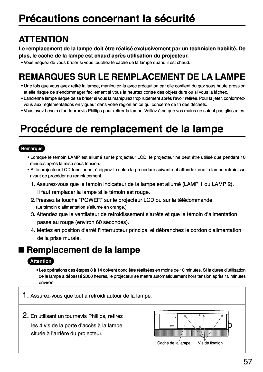 Panasonic PT-L6510U manual Procédure de remplacement de la lampe, Remarques Sur Le Remplacement De La Lampe 