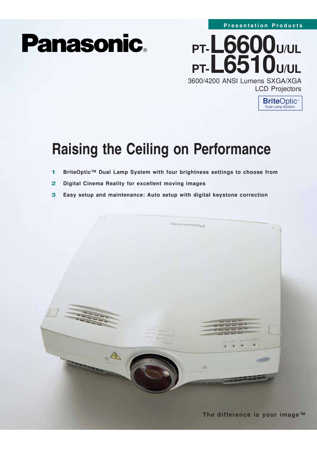 Panasonic PT-L6600UL, PT-L6510UL manual BriteOptic, Raising the Ceiling on Performance, PT-L6600U/UL PT-L6510U/UL 