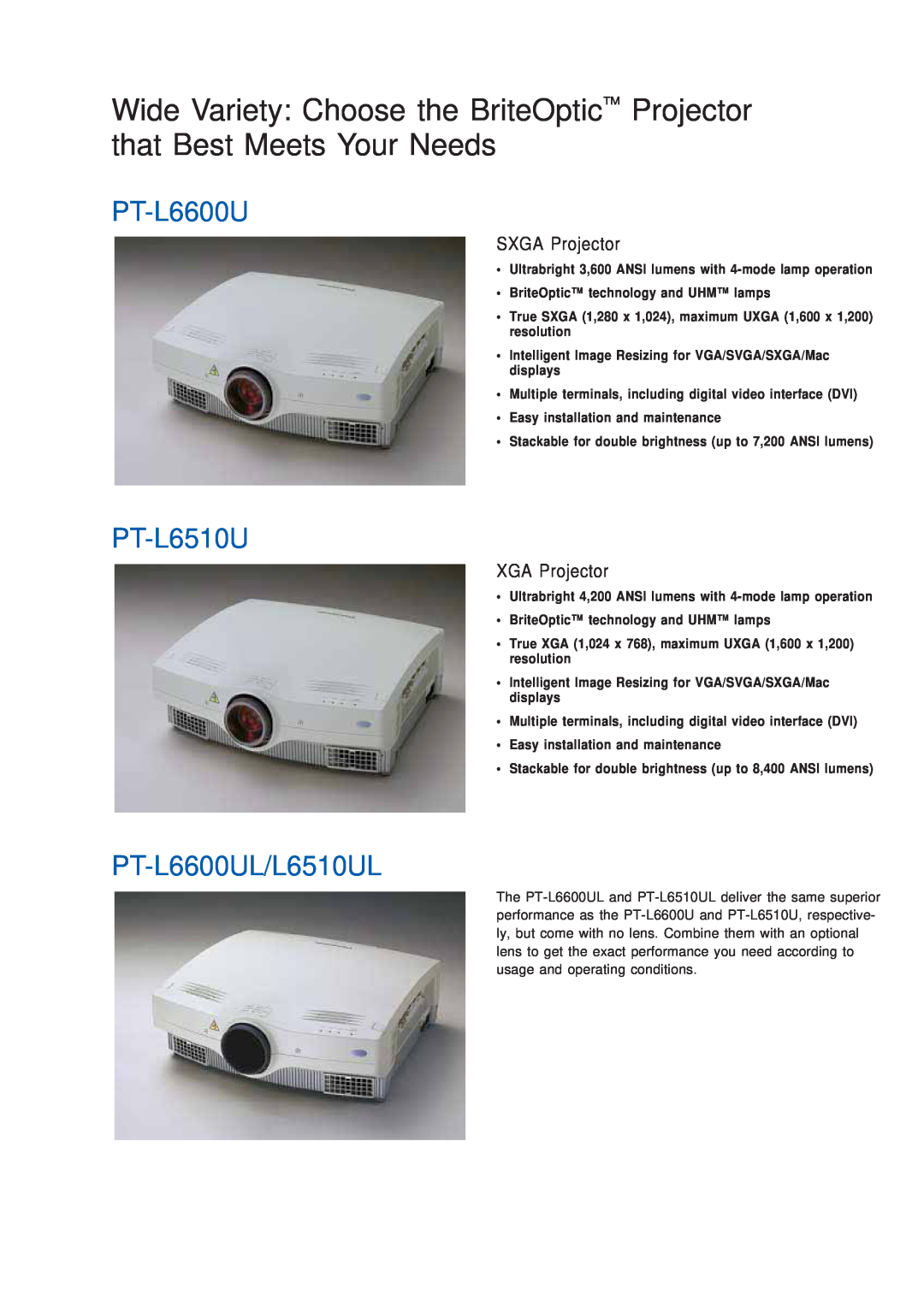 Panasonic PT-L6510UL manual PT-L6600UL/L6510UL, SXGA Projector 