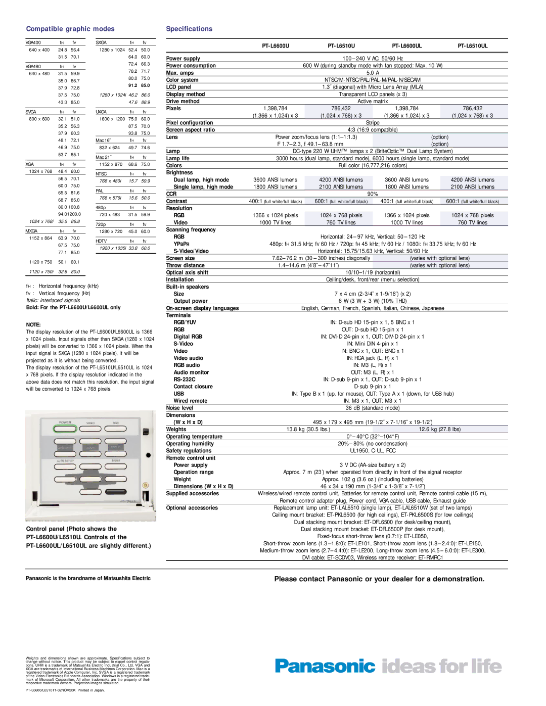 Panasonic manual Compatible graphic modes Specifications, Single lamp, high mode, Bold For the PT-L6600U/L6600UL only 