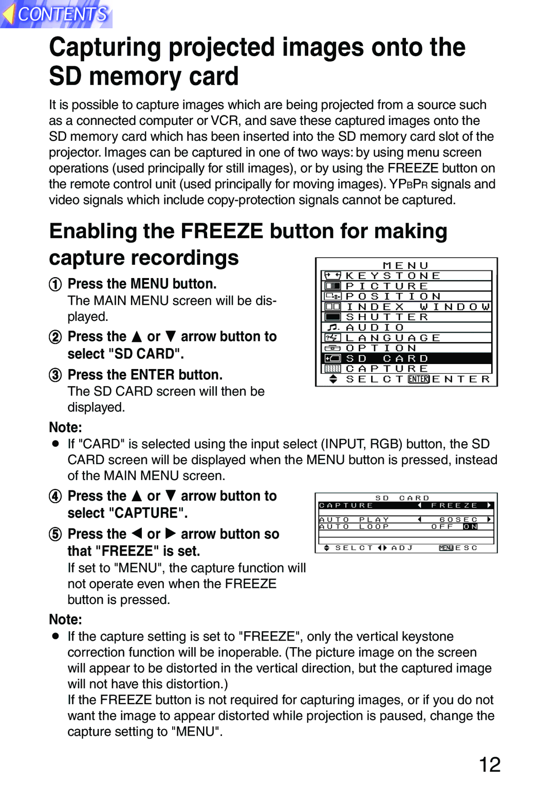 Panasonic PT-L702SDE, PT-L701SDE Capturing projected images onto the SD memory card, # Press the Menu button 