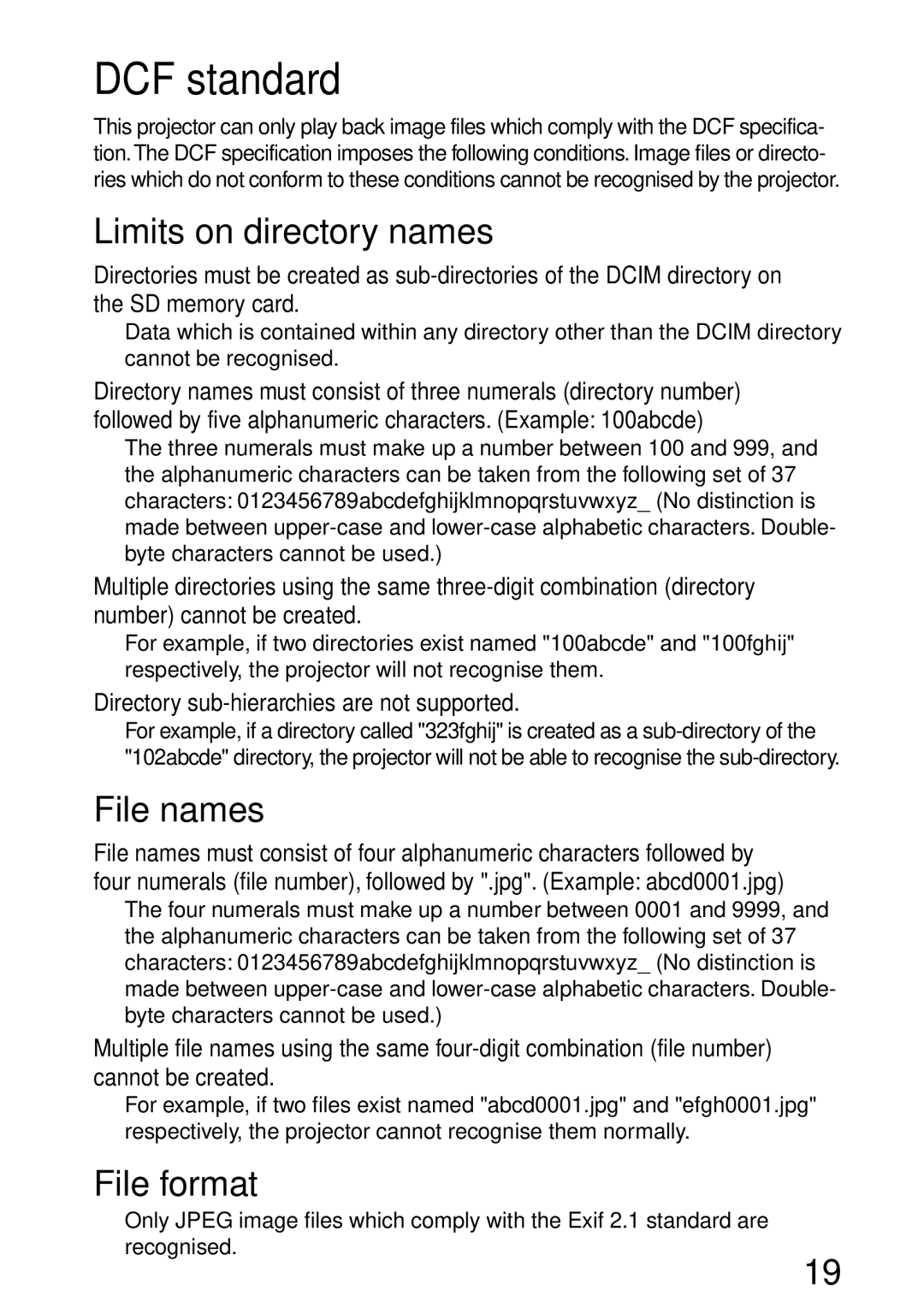 Panasonic PT-L701SDE, PT-L702SDE operating instructions DCF standard, Limits on directory names, File names, File format 