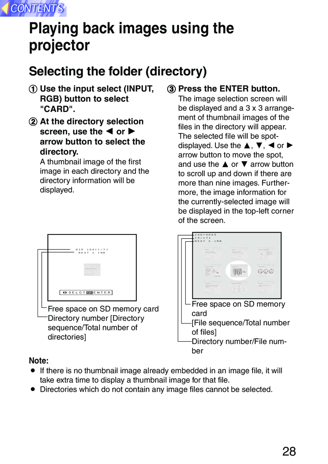 Panasonic PT-L702SDE, PT-L701SDE Playing back images using the projector, Selecting the folder directory 