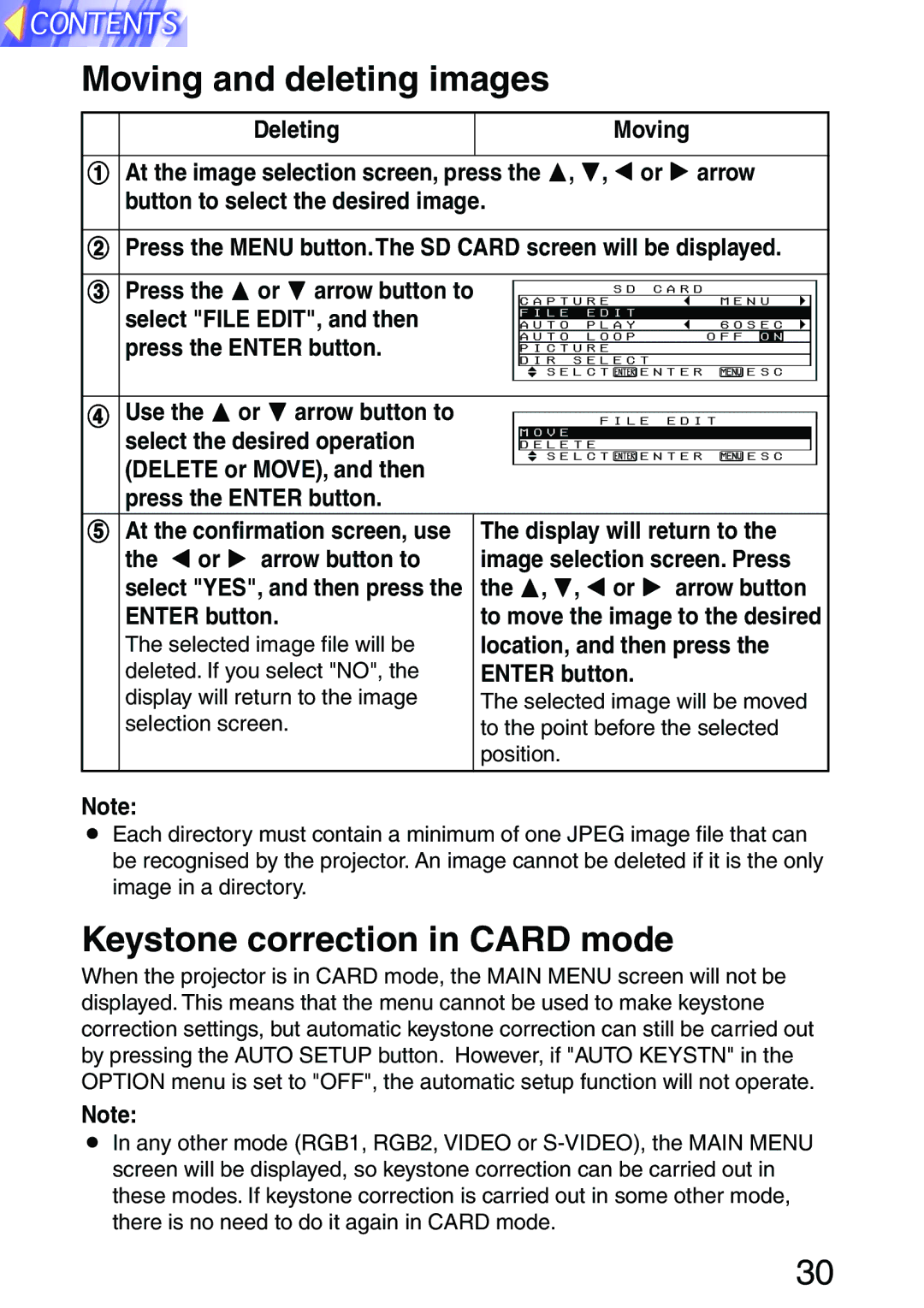 Panasonic PT-L702SDE, PT-L701SDE operating instructions Moving and deleting images, Keystone correction in Card mode 