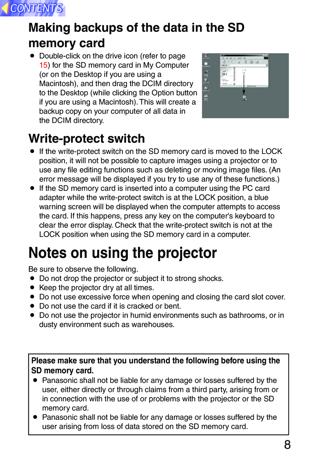 Panasonic PT-L702SDE, PT-L701SDE Making backups of the data in the SD memory card, Write-protect switch 