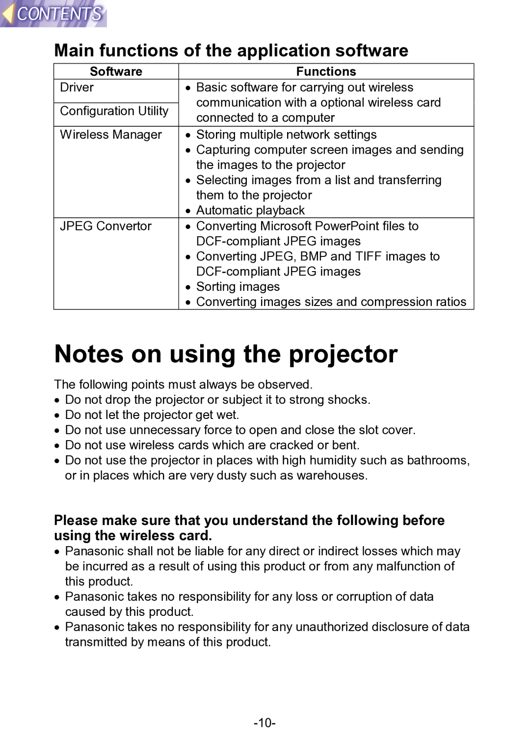 Panasonic PT-L711XNTU manual Main functions of the application software, Software Functions 