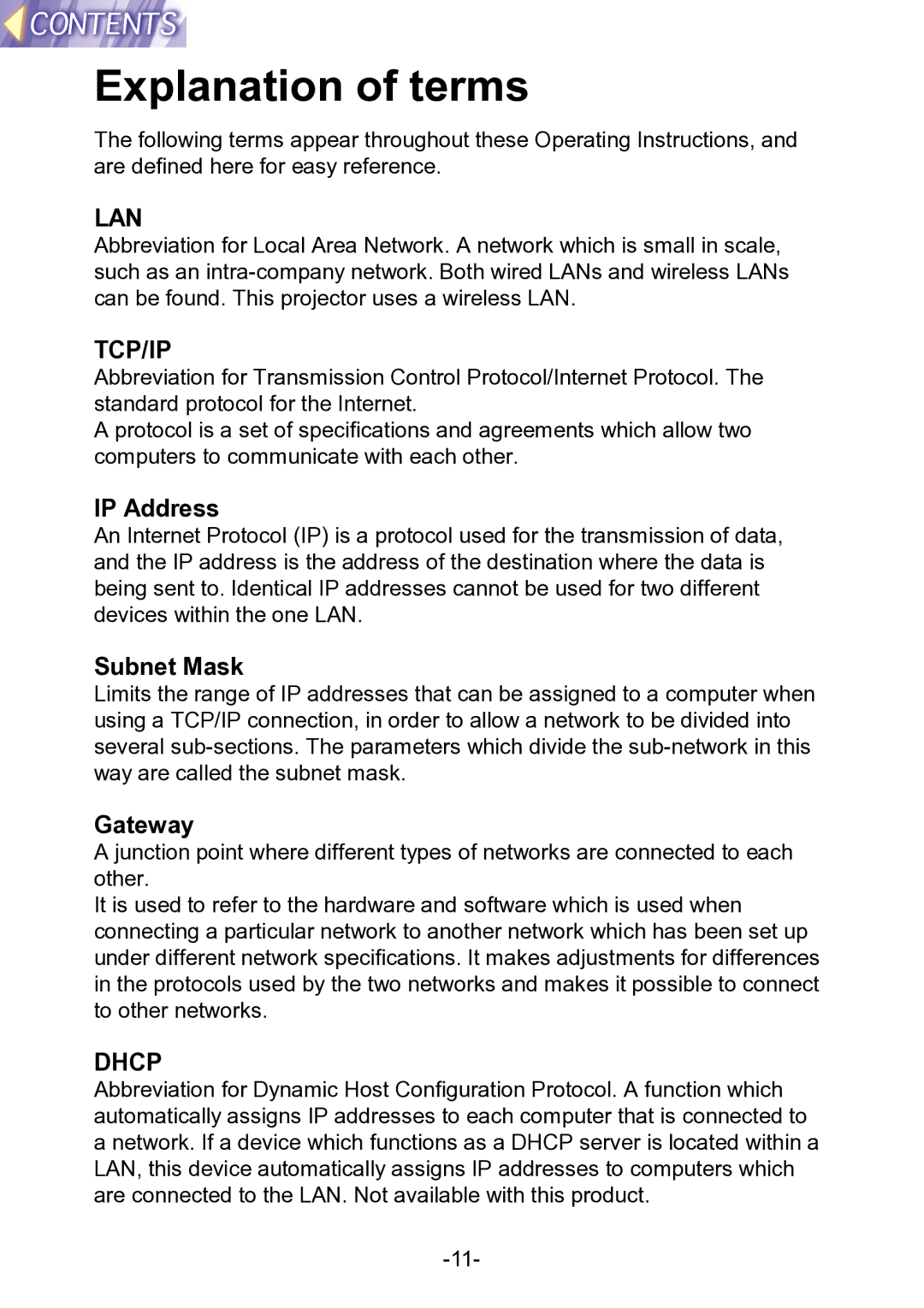 Panasonic PT-L711XNTU manual Explanation of terms, IP Address, Subnet Mask, Gateway 