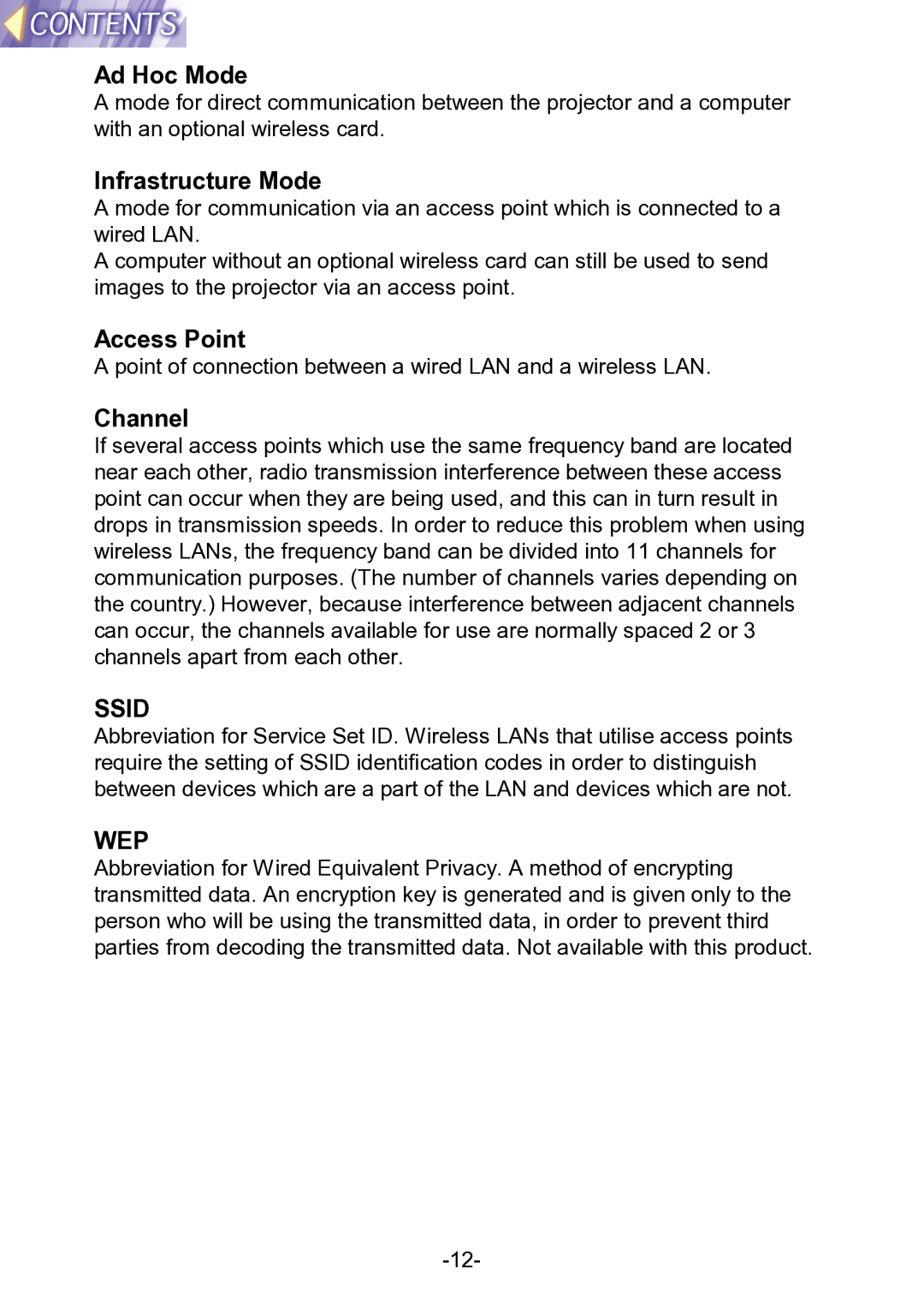 Panasonic PT-L711XNTU manual Ad Hoc Mode, Infrastructure Mode, Access Point, Channel 