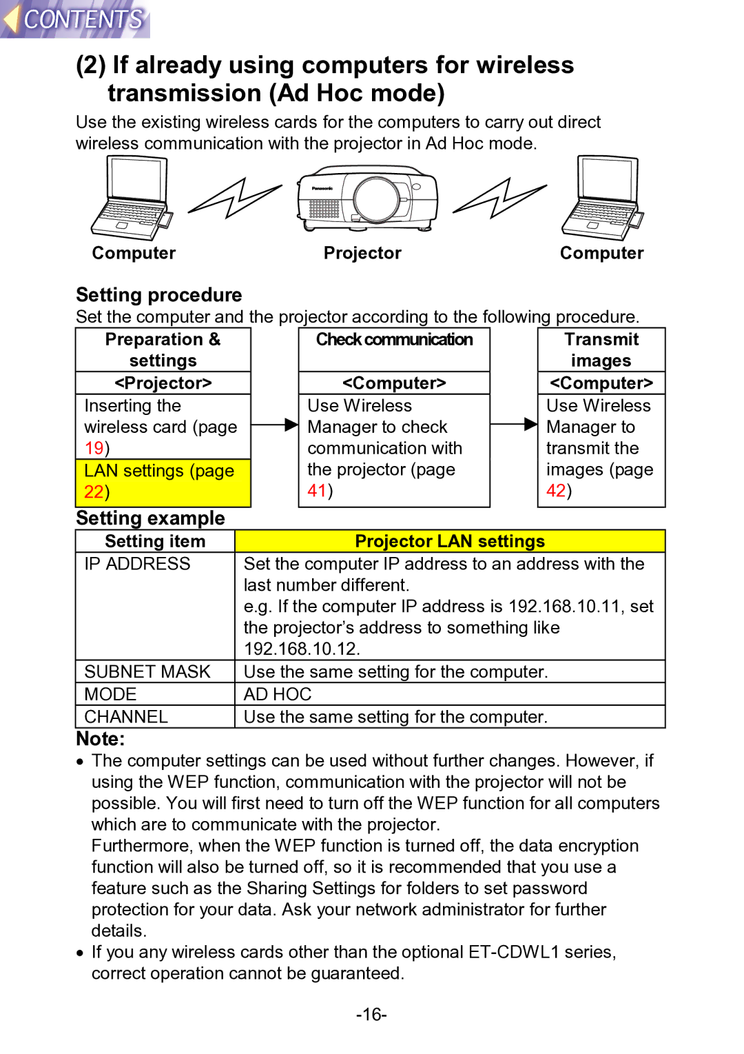 Panasonic PT-L711XNTU manual Settings Images Projector Computer, Mode AD HOC Channel 