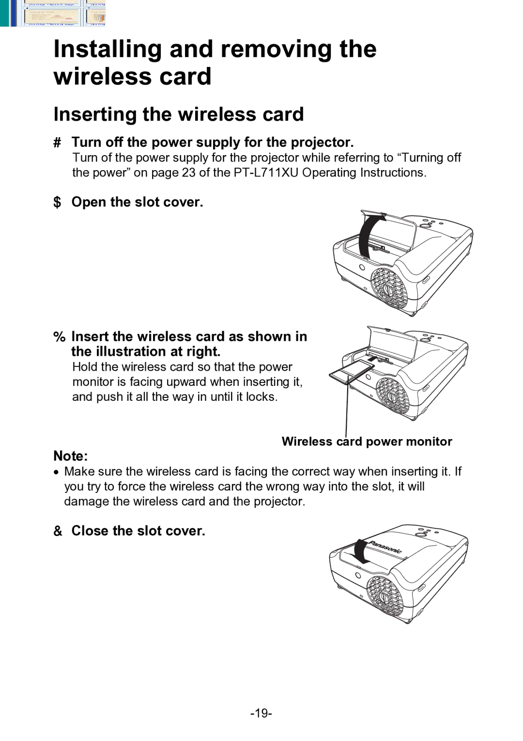 Panasonic PT-L711XNTU manual Installing and removing the wireless card, Inserting the wireless card, Close the slot cover 