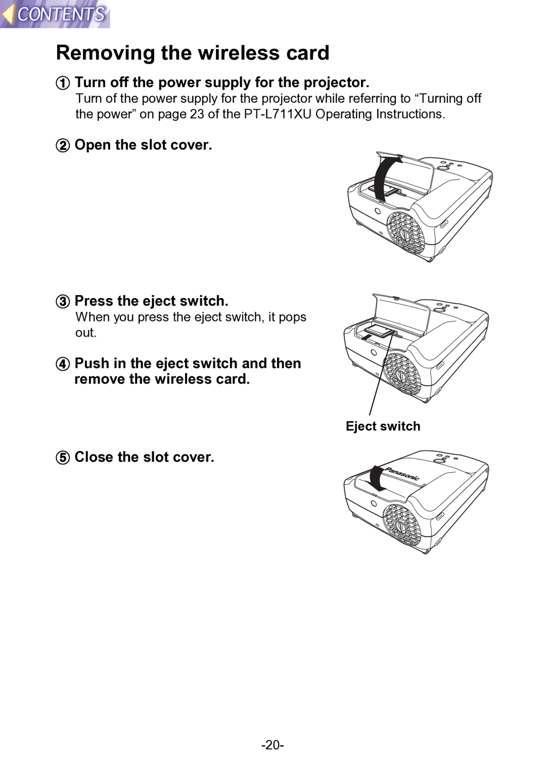 Panasonic PT-L711XNTU manual Removing the wireless card, $ Open the slot cover Press the eject switch 