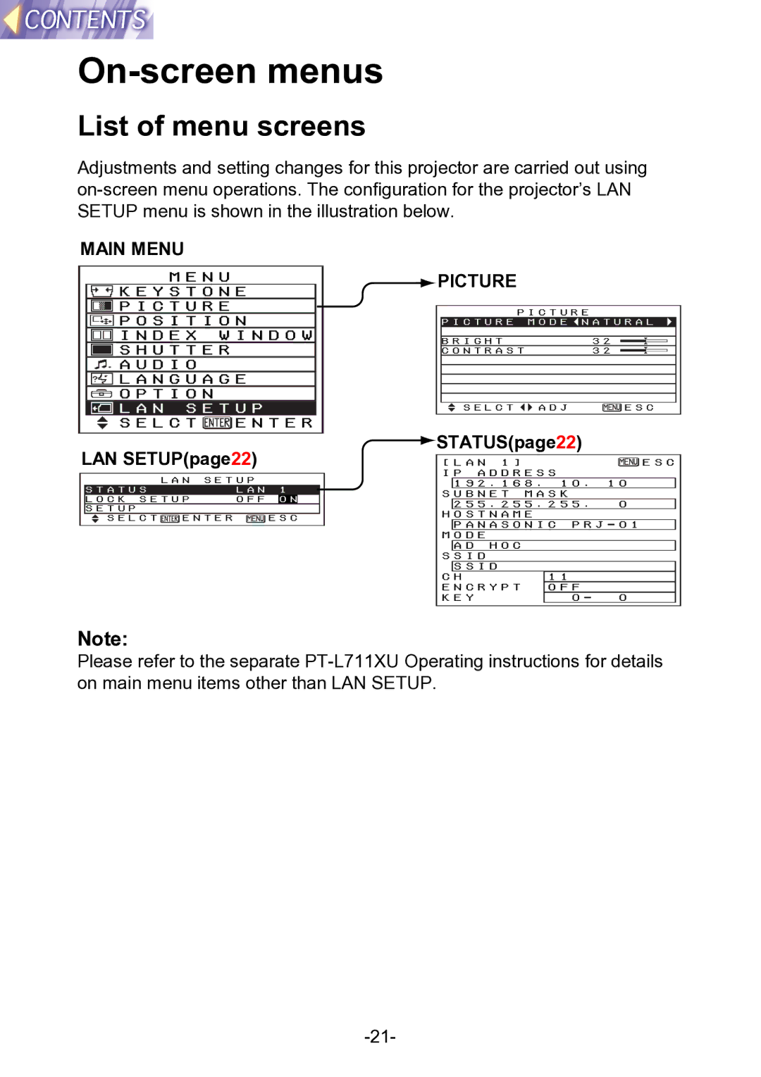 Panasonic PT-L711XNTU manual On-screen menus, List of menu screens 