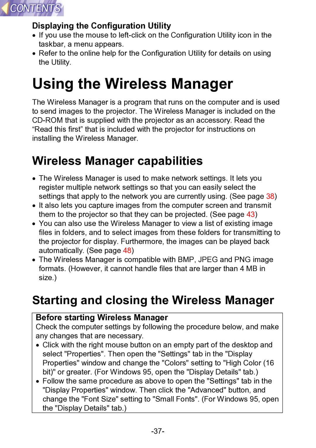 Panasonic PT-L711XNTU Using the Wireless Manager, Wireless Manager capabilities, Starting and closing the Wireless Manager 