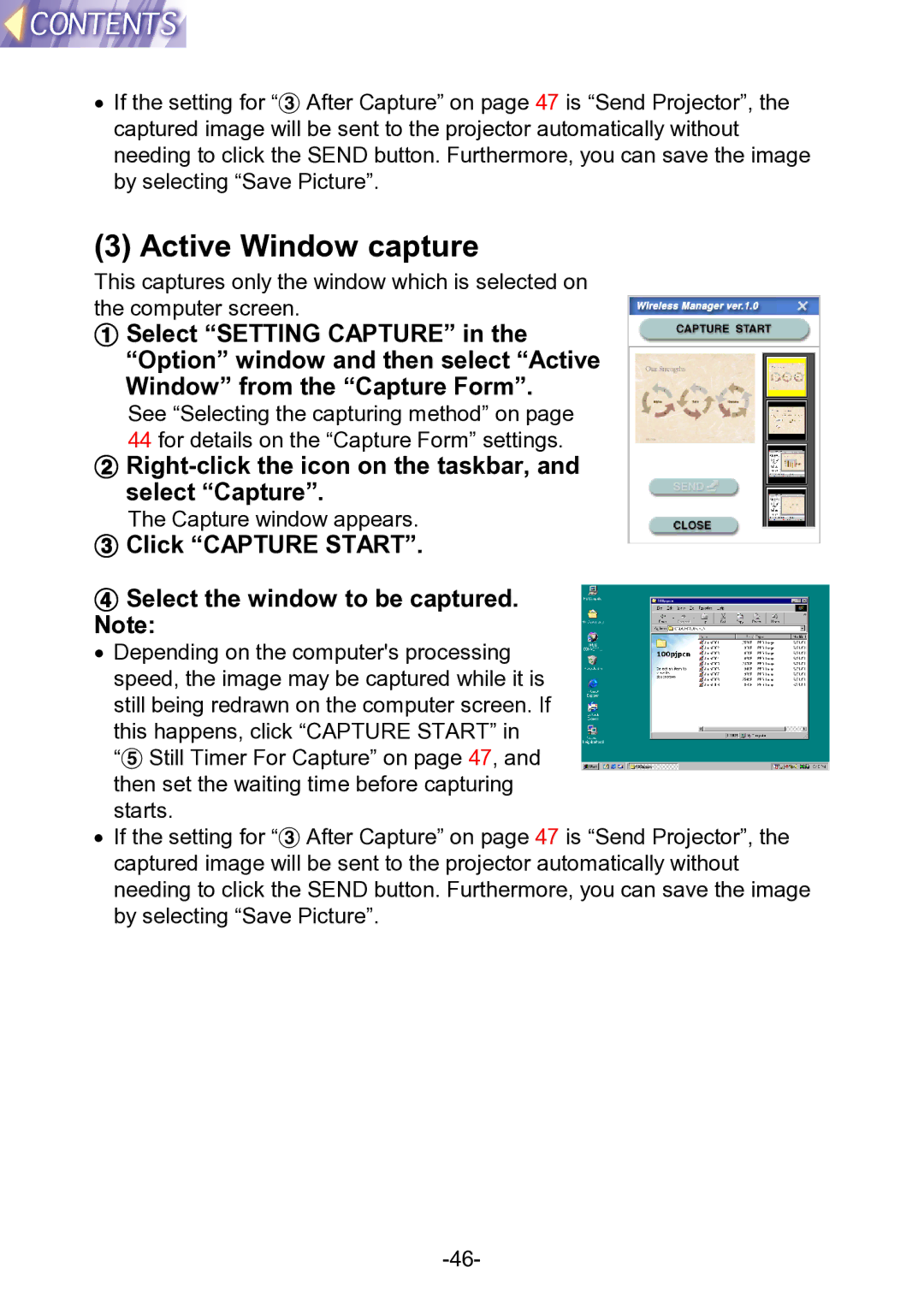 Panasonic PT-L711XNTU manual Active Window capture, Click Capture Start Select the window to be captured. Note 