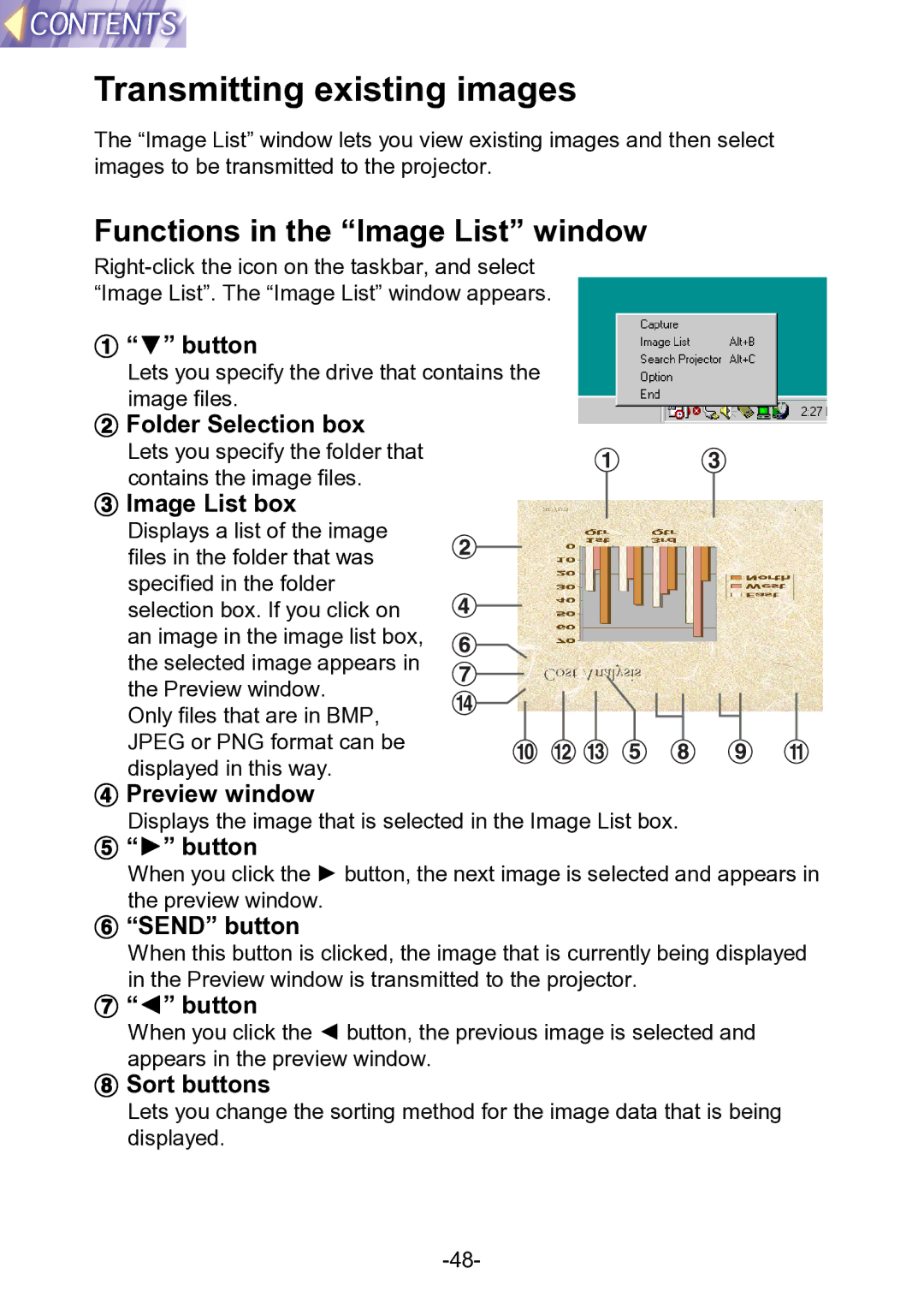 Panasonic PT-L711XNTU manual Transmitting existing images, Functions in the Image List window 