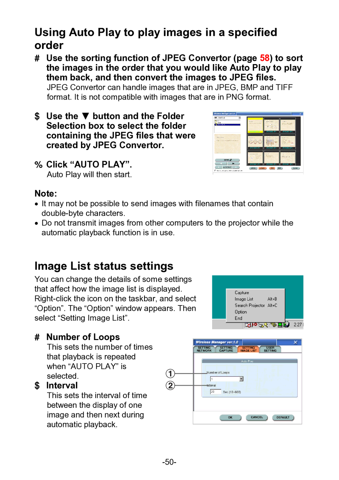 Panasonic PT-L711XNTU Using Auto Play to play images in a specified order, Image List status settings, # Number of Loops 