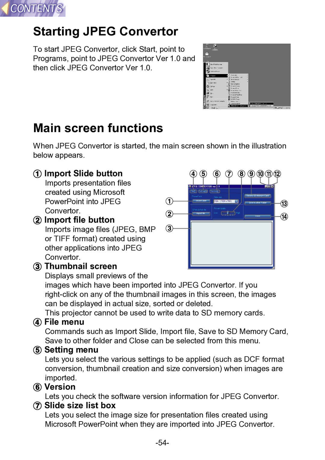 Panasonic PT-L711XNTU manual Starting Jpeg Convertor, Main screen functions 