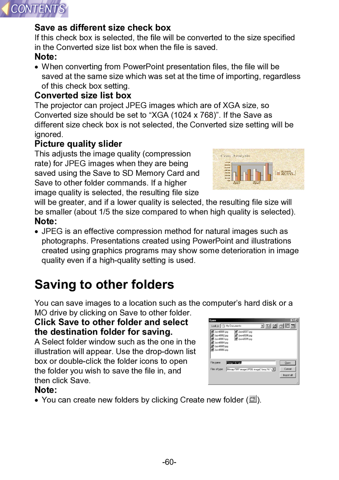 Panasonic PT-L711XNTU manual Saving to other folders, Save as different size check box, Converted size list box 