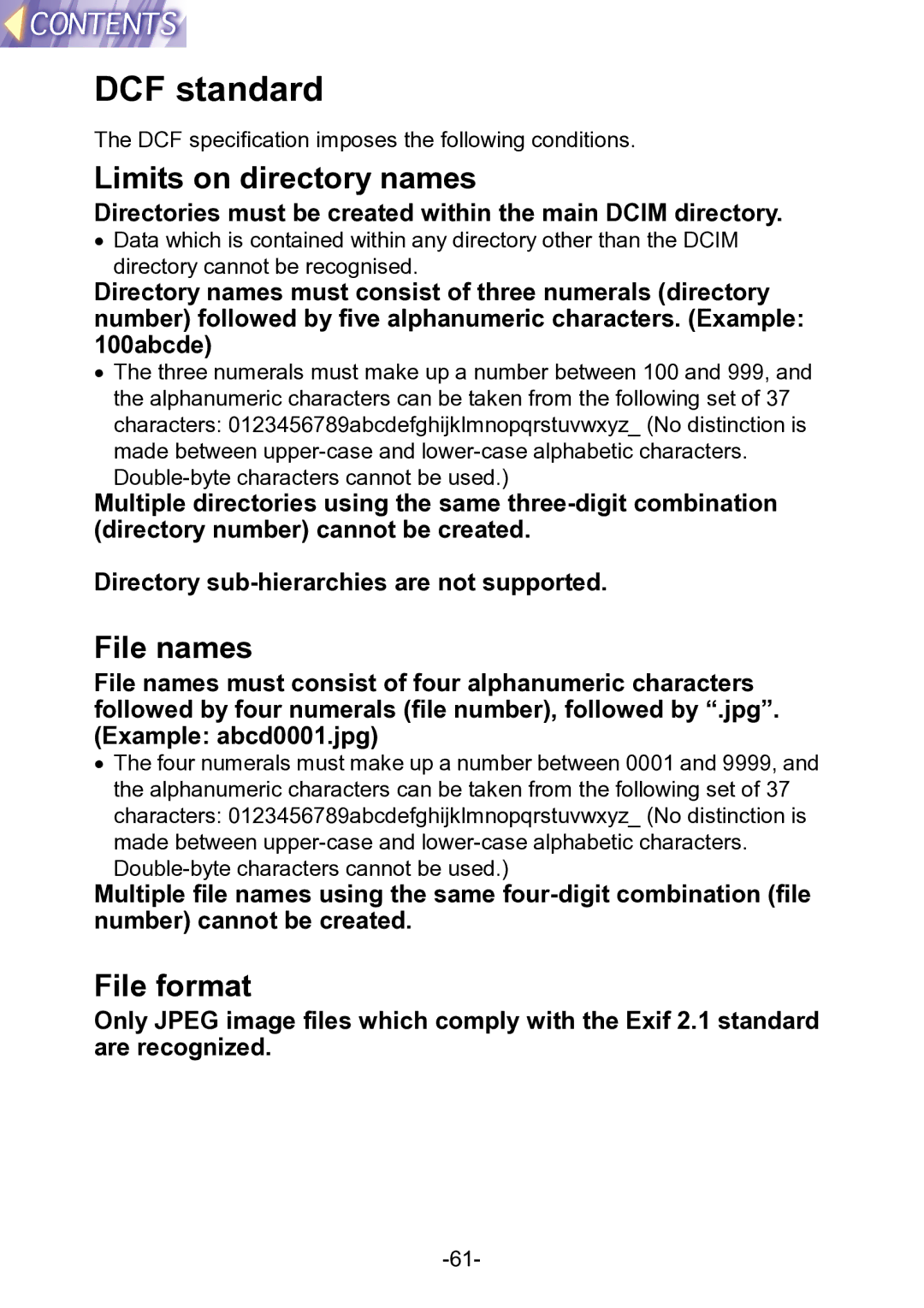 Panasonic PT-L711XNTU manual DCF standard, Limits on directory names, File names, File format 