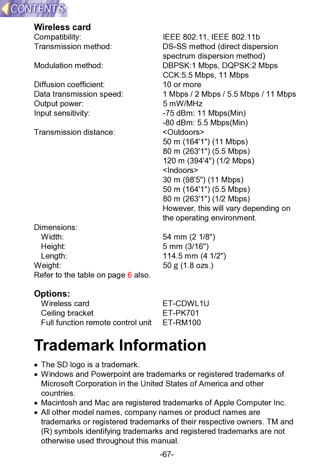 Panasonic PT-L711XNTU manual Trademark Information, Wireless card, Options, ET-CDWL1U 