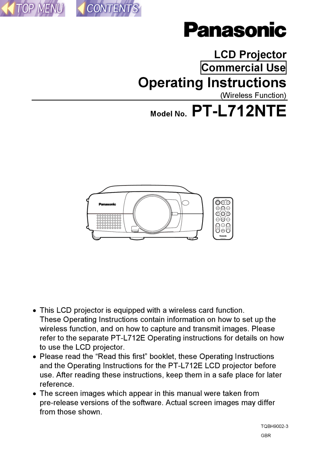 Panasonic PT-L712NTE manual Operating Instructions, LCD Projector Commercial Use 