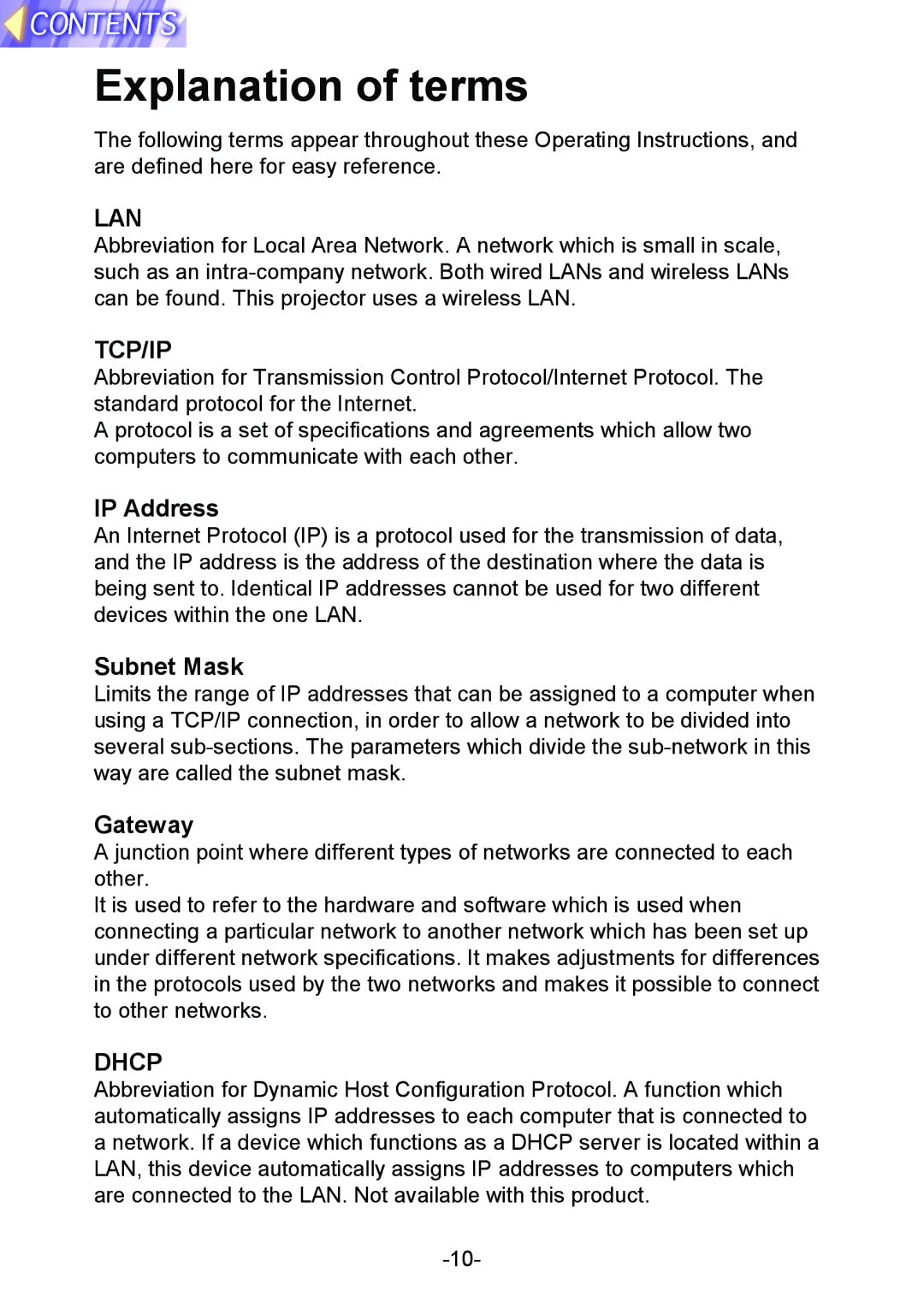 Panasonic PT-L712NTE manual Explanation of terms, IP Address, Subnet Mask, Gateway 