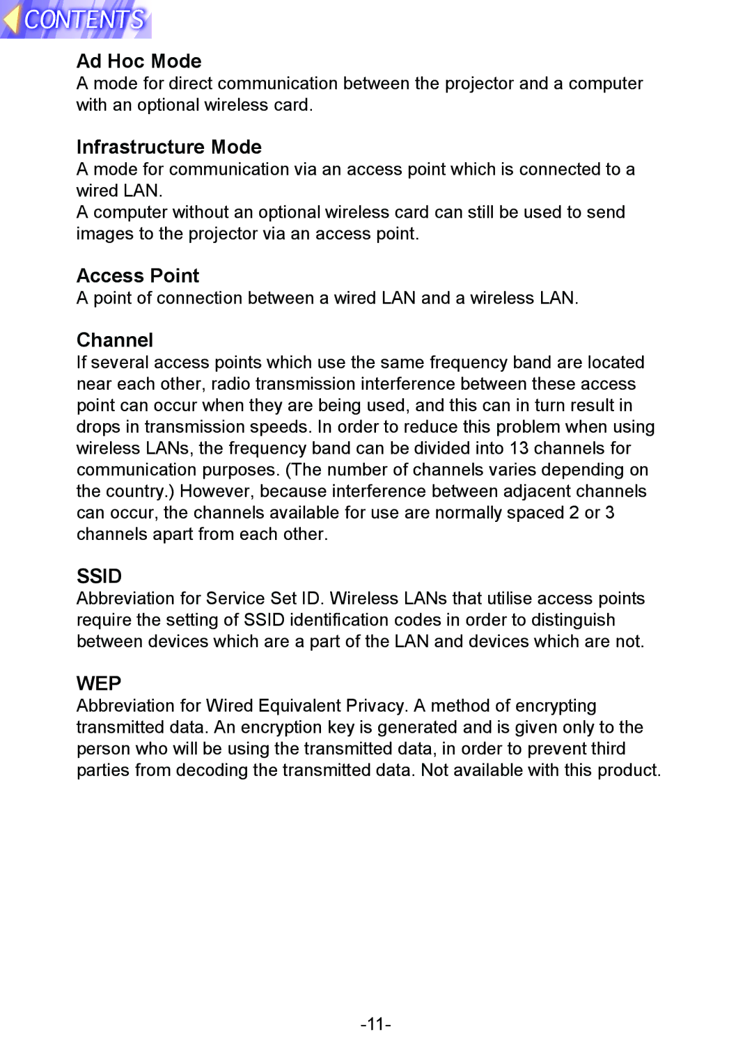 Panasonic PT-L712NTE manual Ad Hoc Mode, Infrastructure Mode, Access Point, Channel 