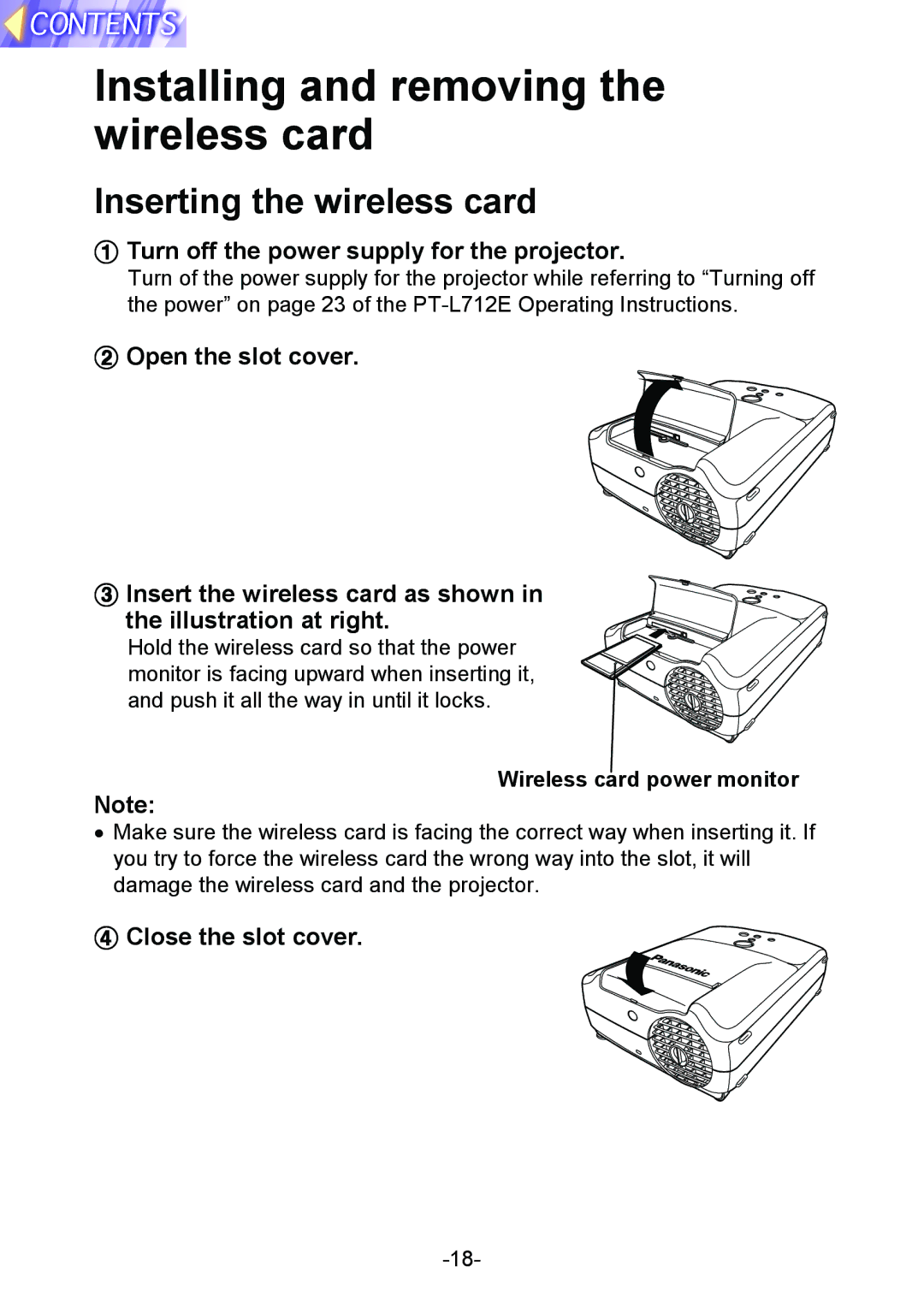 Panasonic PT-L712NTE manual Installing and removing the wireless card, Inserting the wireless card, Close the slot cover 