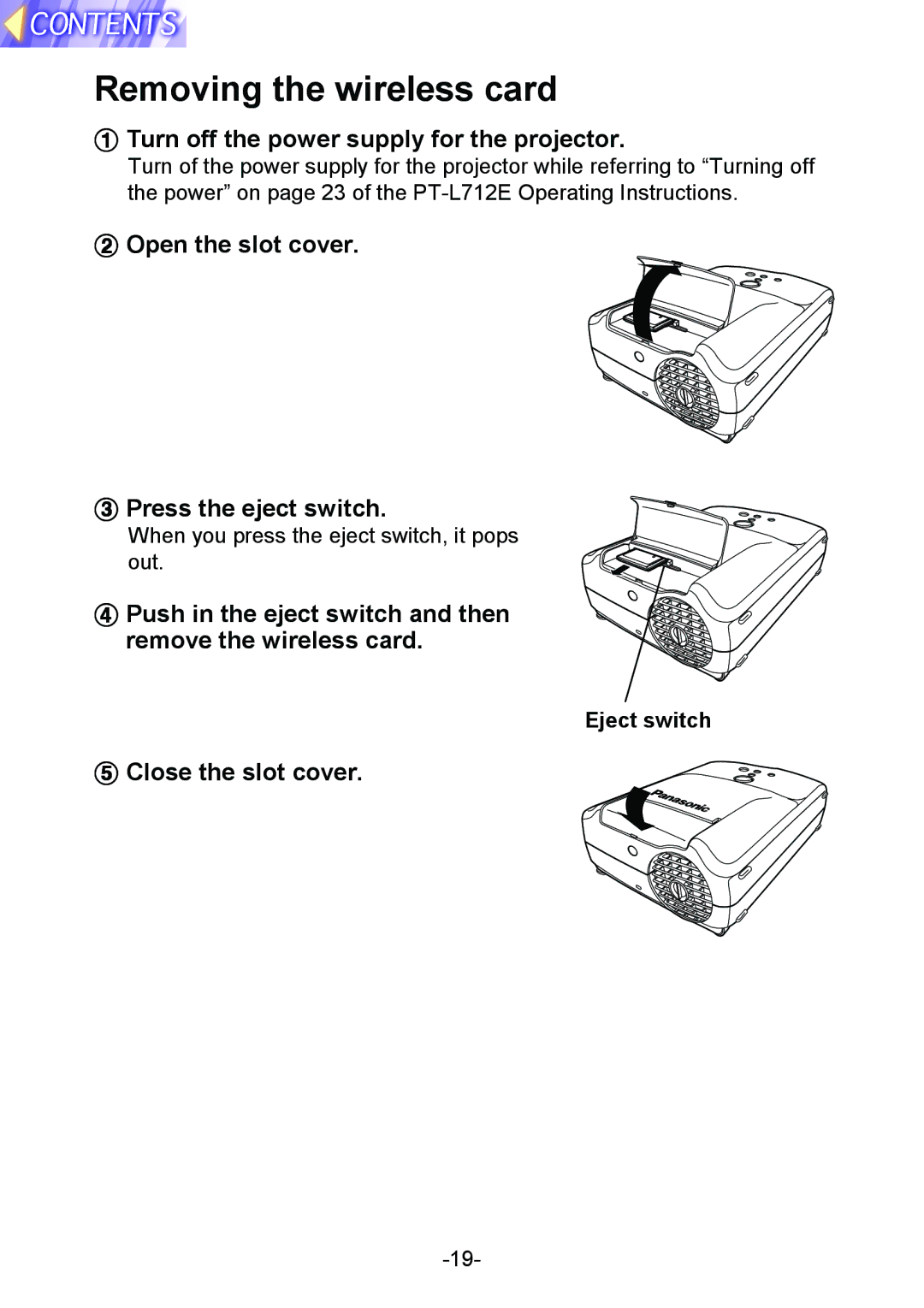 Panasonic PT-L712NTE manual Removing the wireless card, $ Open the slot cover Press the eject switch 