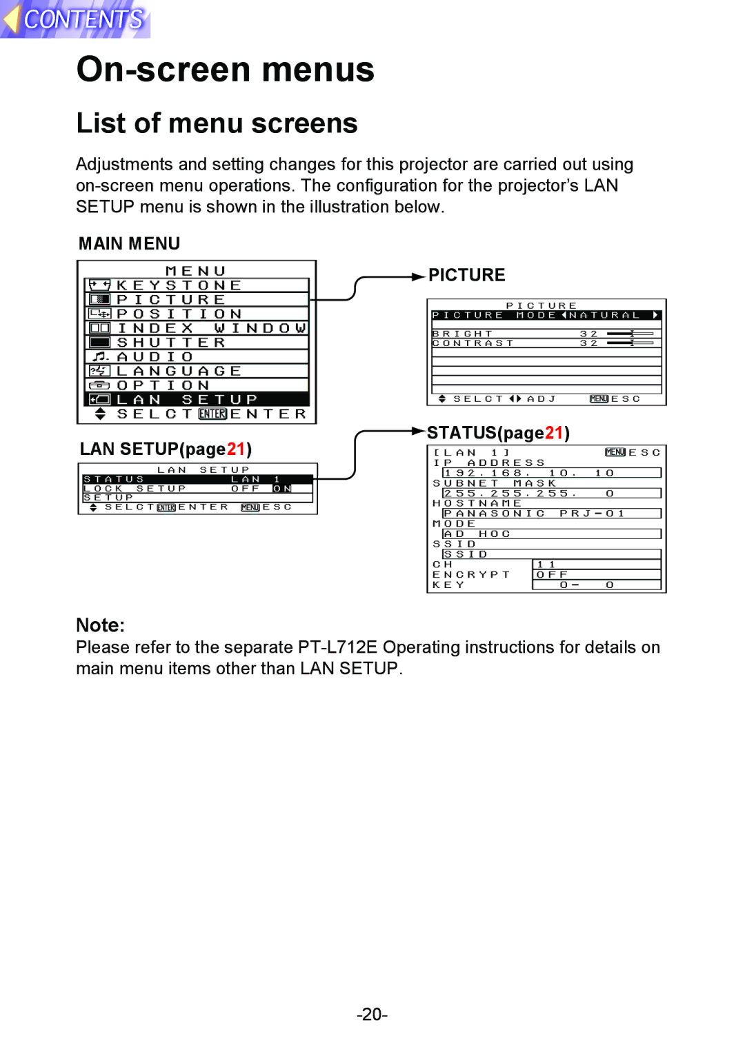 Panasonic PT-L712NTE manual On-screen menus, List of menu screens 