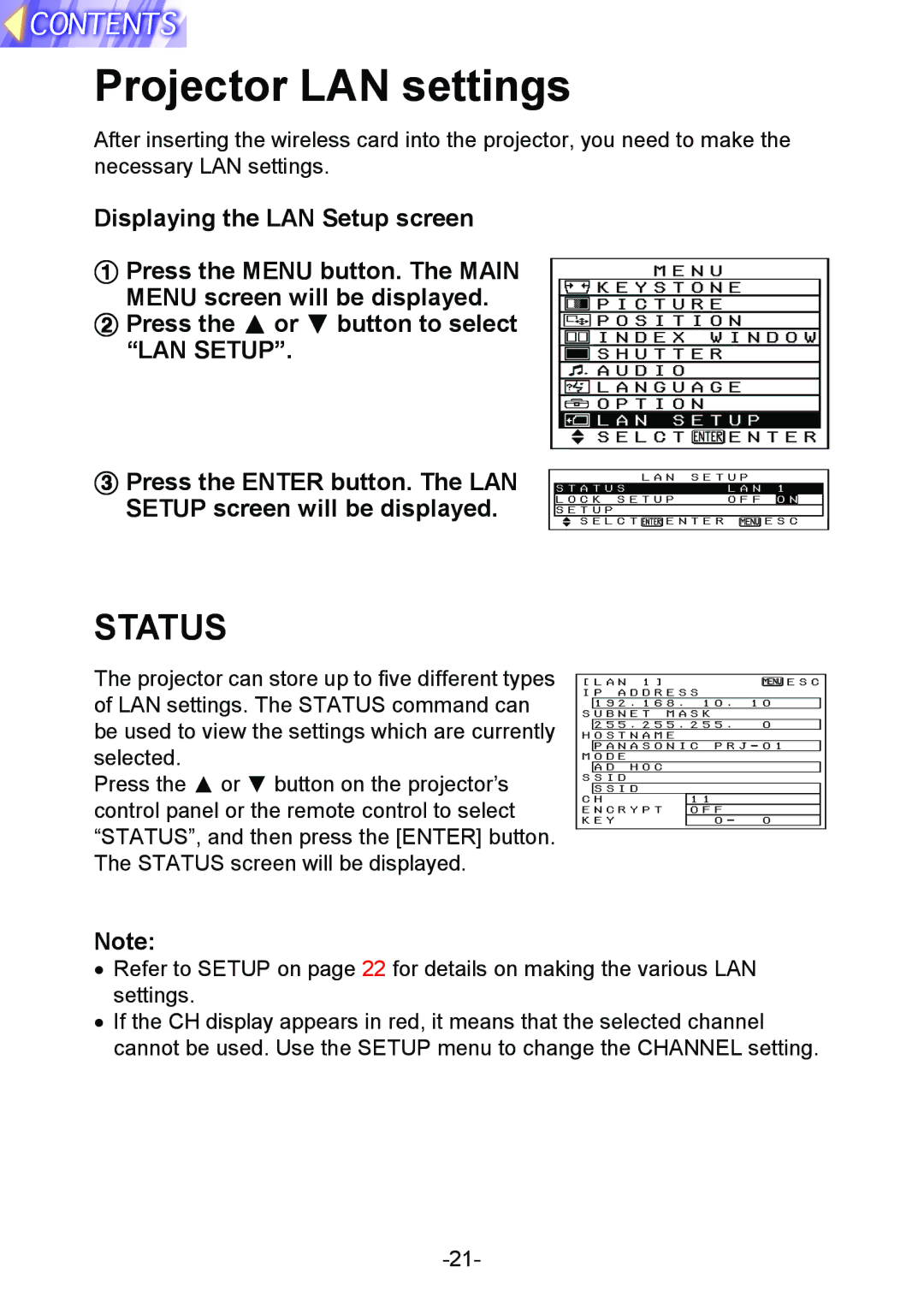 Panasonic PT-L712NTE manual Projector LAN settings, LAN Setup 