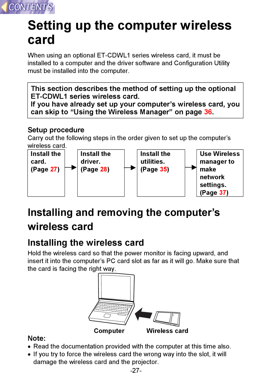 Panasonic PT-L712NTE manual Setting up the computer wireless card, Installing and removing the computer’s wireless card 