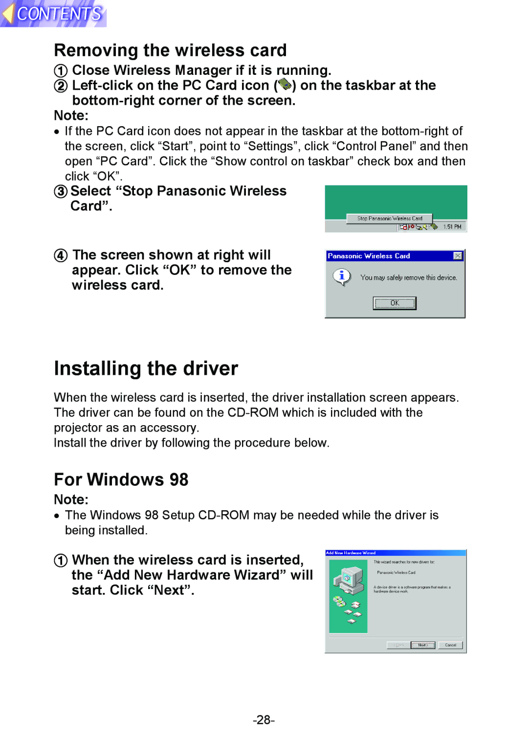 Panasonic PT-L712NTE manual Installing the driver, Removing the wireless card, For Windows 