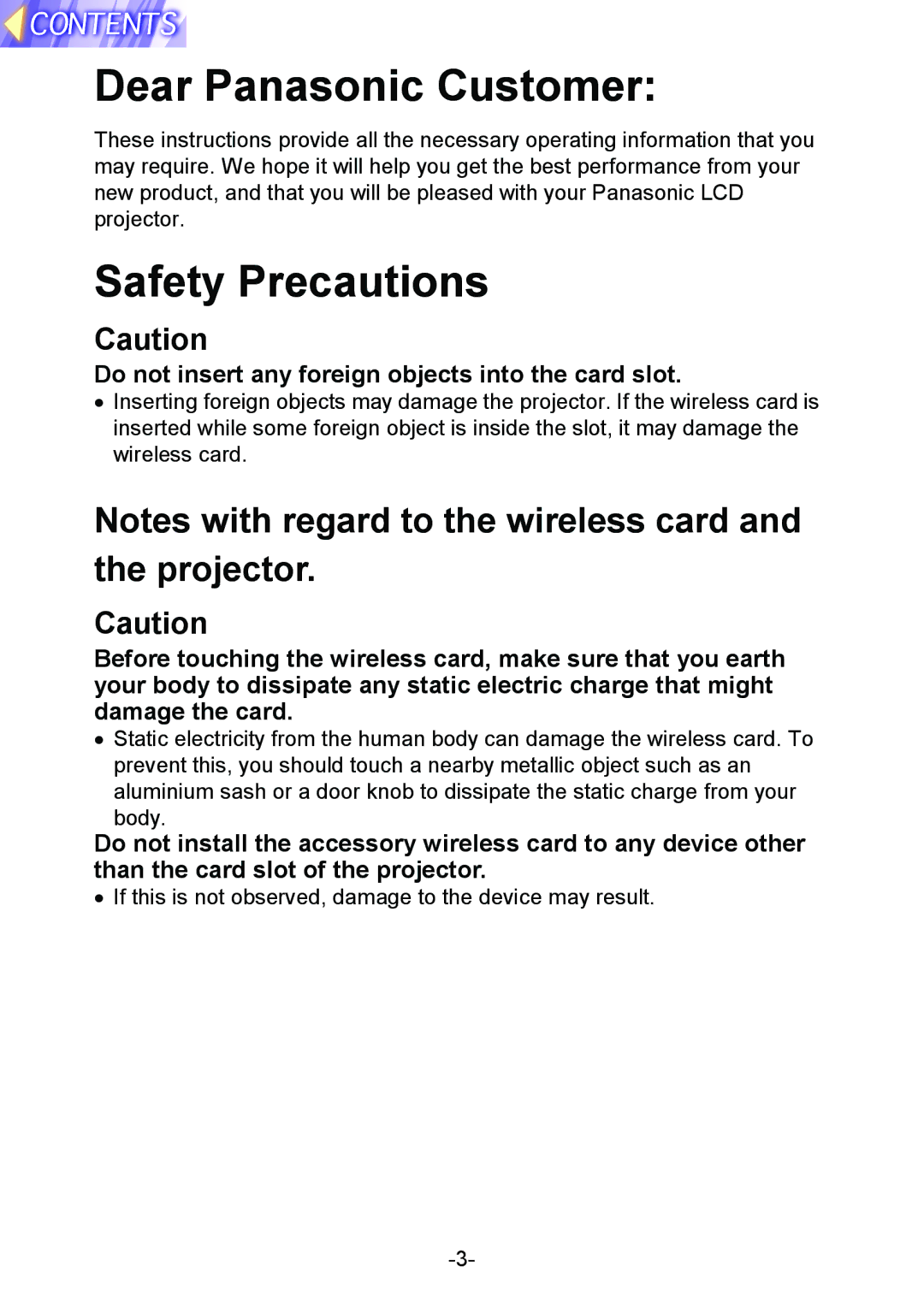 Panasonic PT-L712NTE Dear Panasonic Customer, Safety Precautions, Do not insert any foreign objects into the card slot 