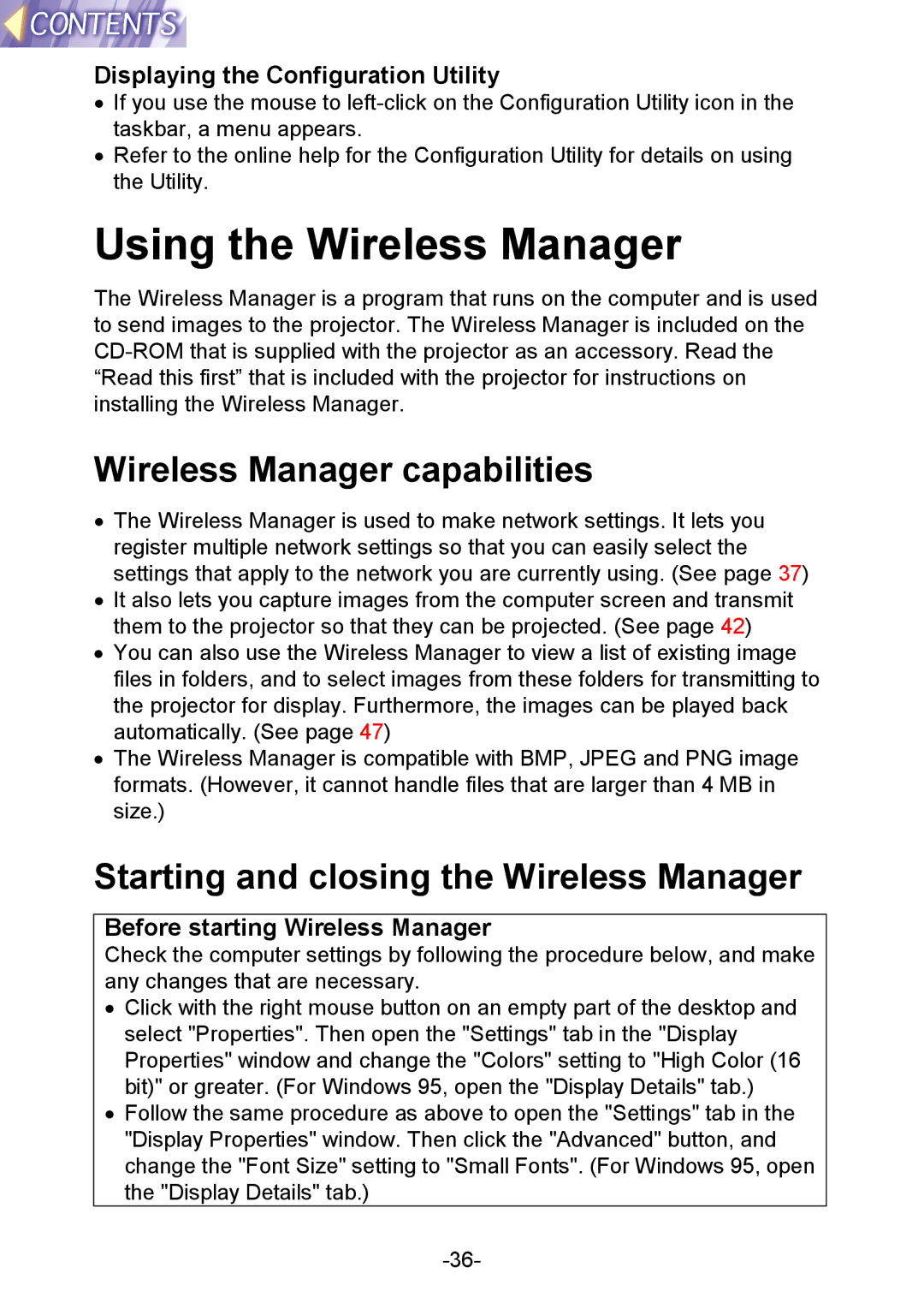 Panasonic PT-L712NTE Using the Wireless Manager, Wireless Manager capabilities, Starting and closing the Wireless Manager 