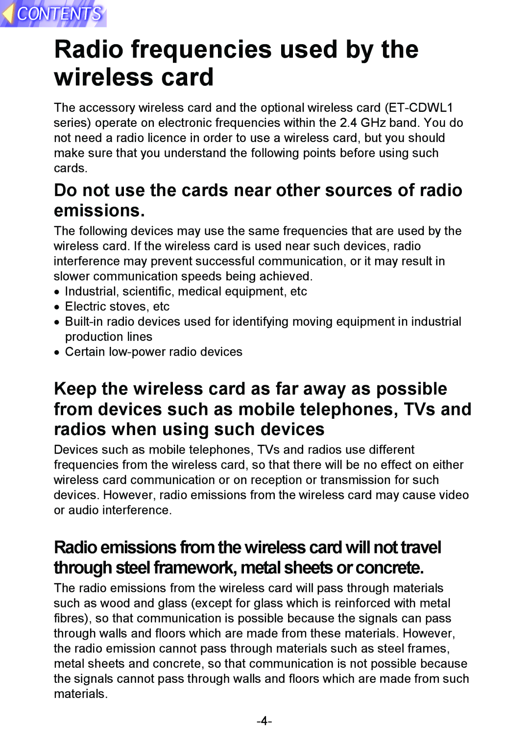 Panasonic PT-L712NTE manual Radio frequencies used by the wireless card 