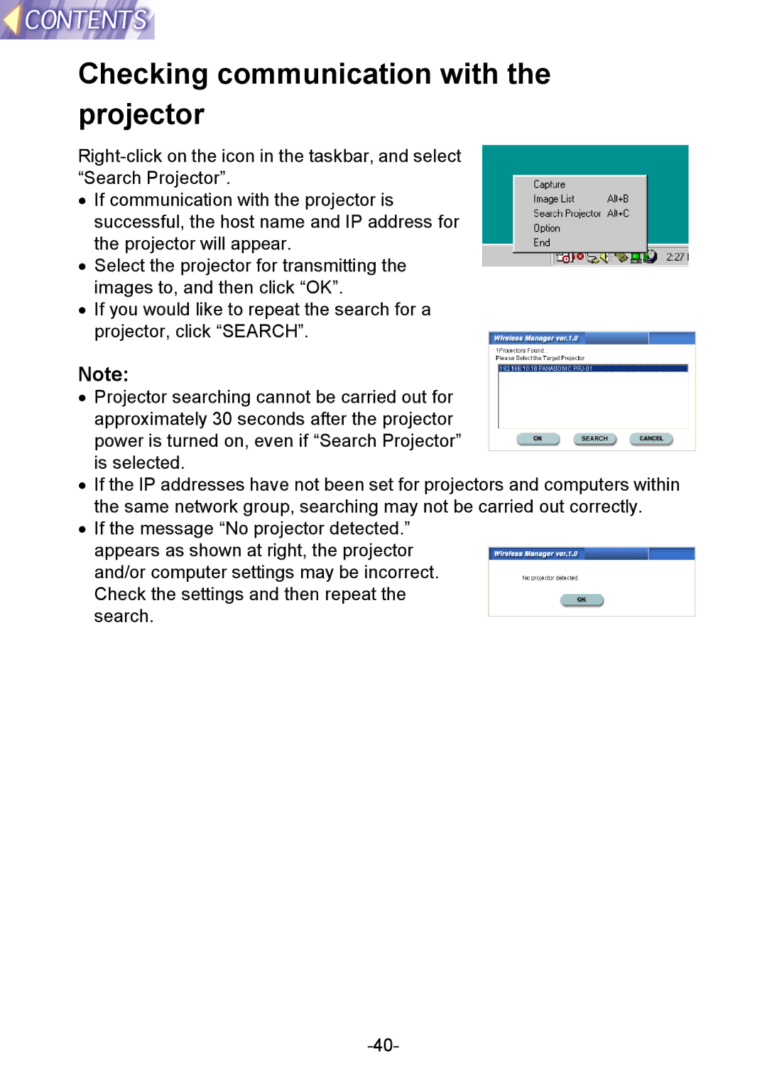 Panasonic PT-L712NTE manual Checking communication with the projector 