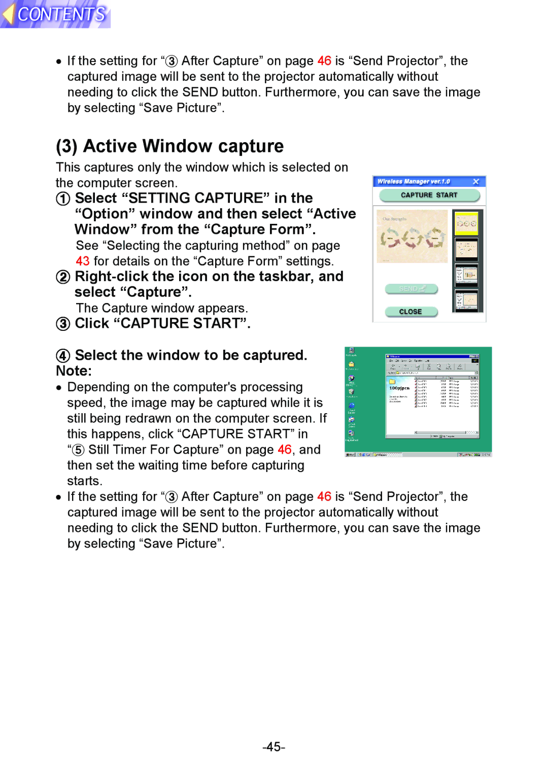 Panasonic PT-L712NTE manual Active Window capture, Click Capture Start Select the window to be captured. Note 