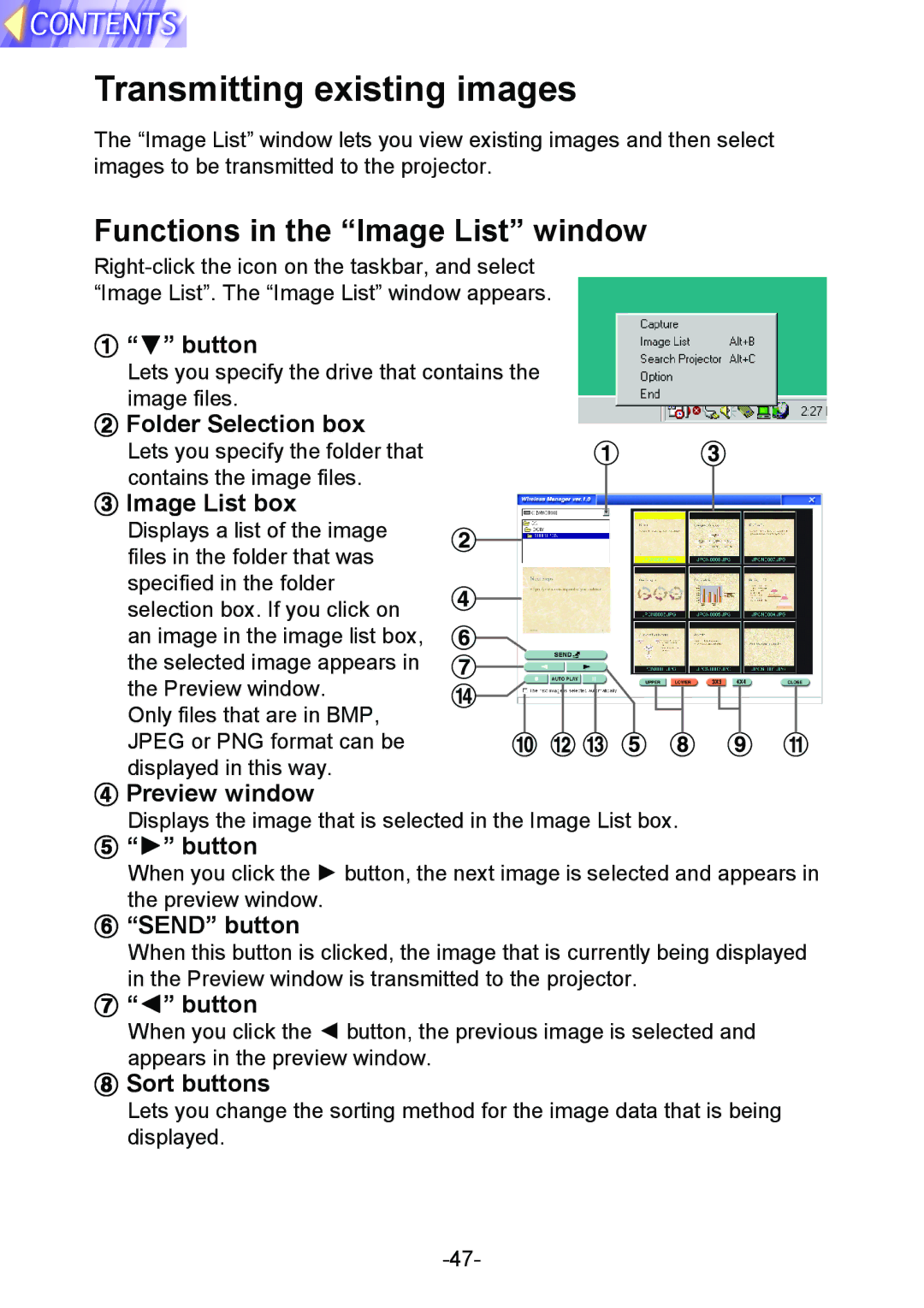 Panasonic PT-L712NTE manual Transmitting existing images, Functions in the Image List window 