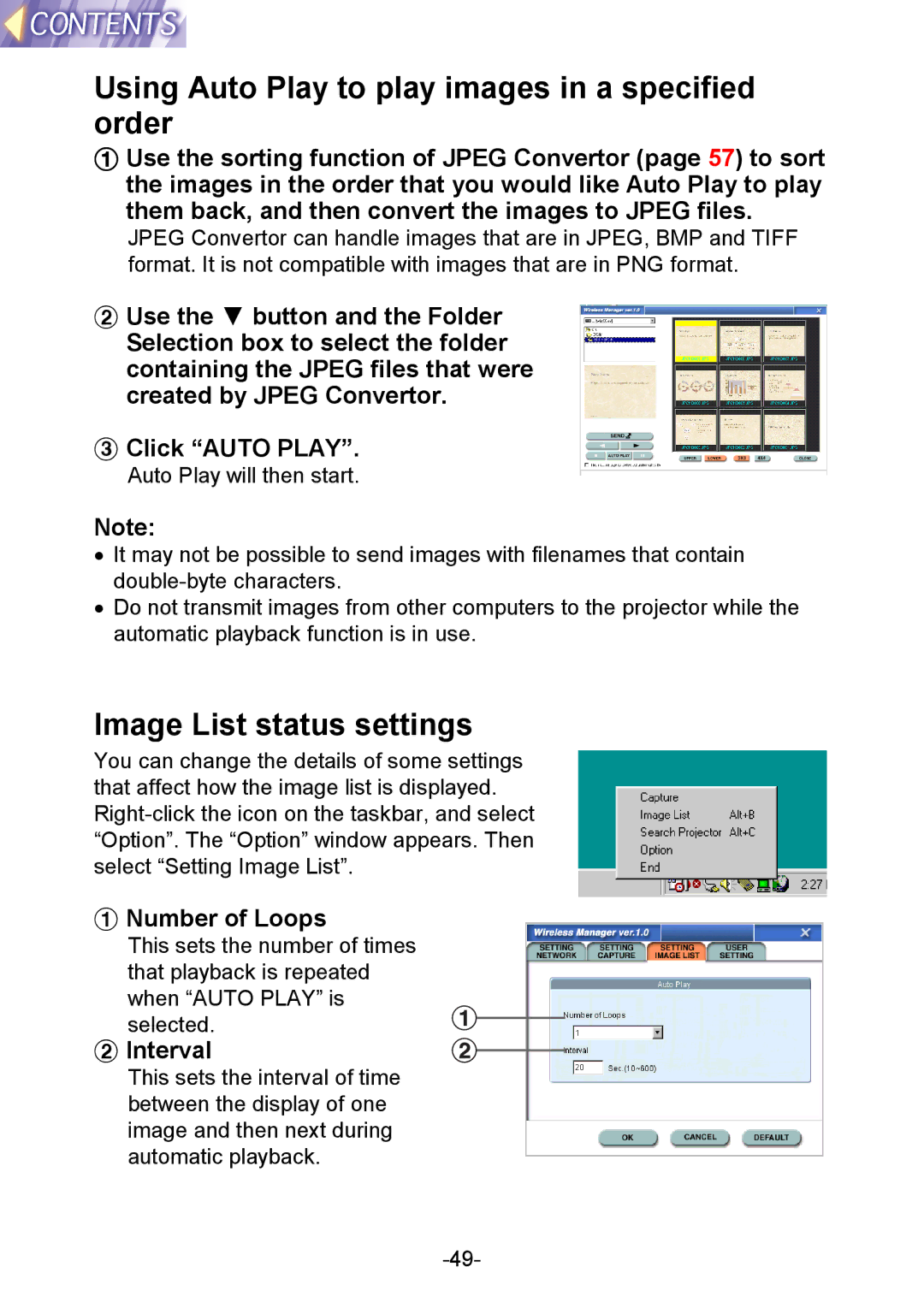 Panasonic PT-L712NTE Using Auto Play to play images in a specified order, Image List status settings, # Number of Loops 