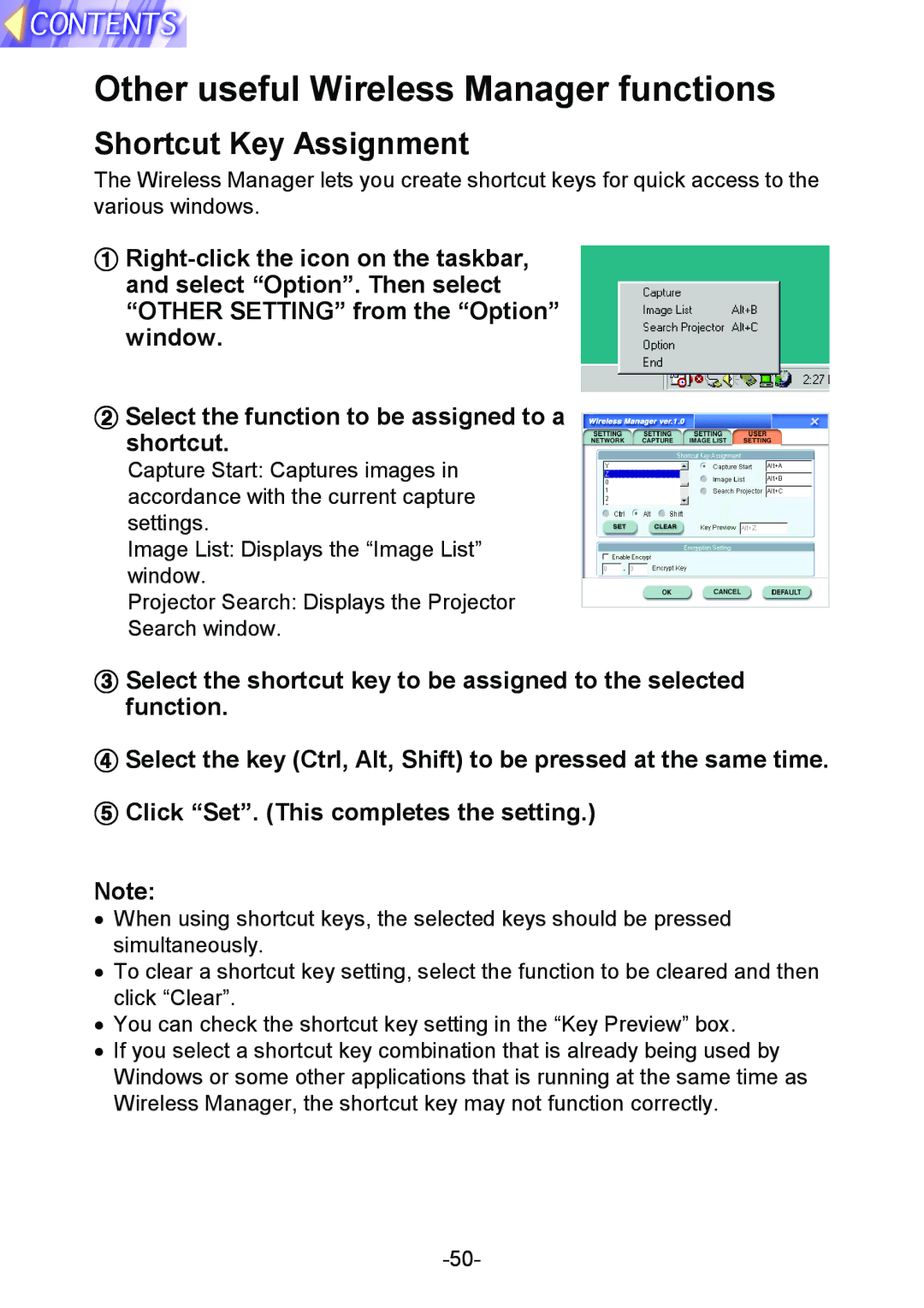 Panasonic PT-L712NTE manual Other useful Wireless Manager functions, Shortcut Key Assignment 