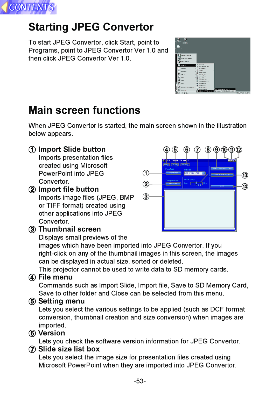 Panasonic PT-L712NTE manual Starting Jpeg Convertor, Main screen functions 