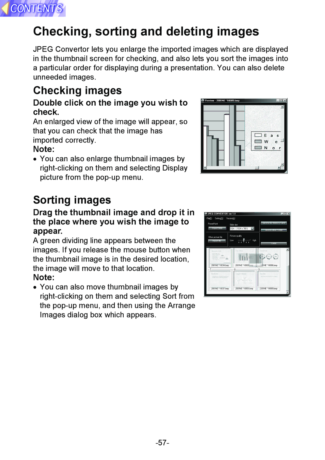 Panasonic PT-L712NTE manual Checking, sorting and deleting images, Checking images, Sorting images 