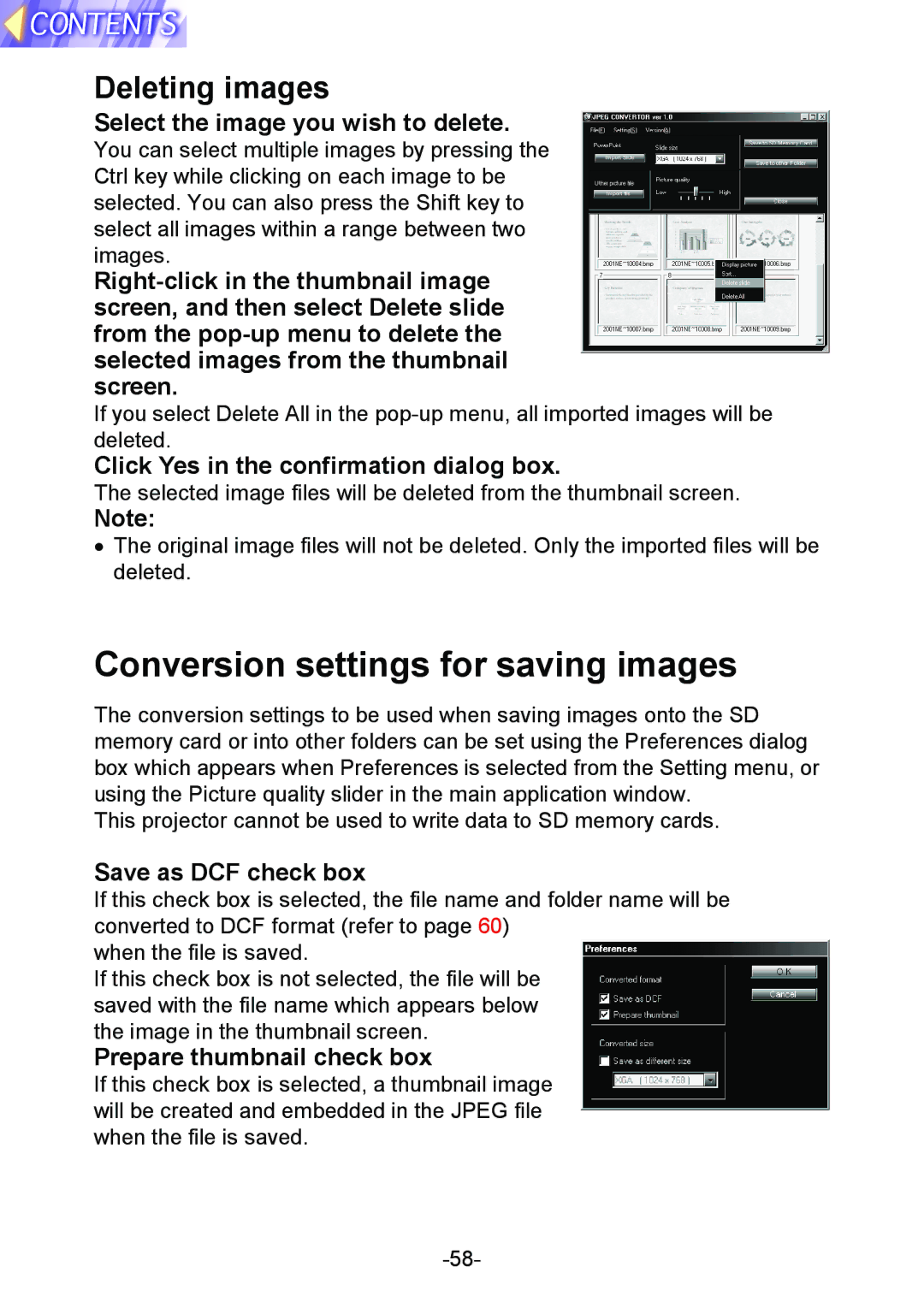 Panasonic PT-L712NTE manual Conversion settings for saving images, Deleting images 