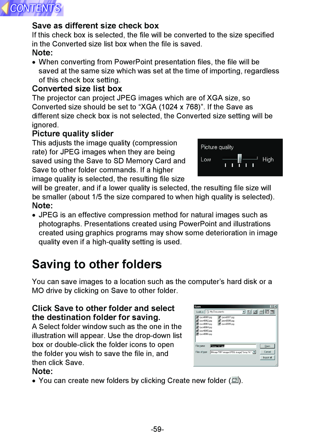 Panasonic PT-L712NTE manual Saving to other folders, Save as different size check box, Converted size list box 