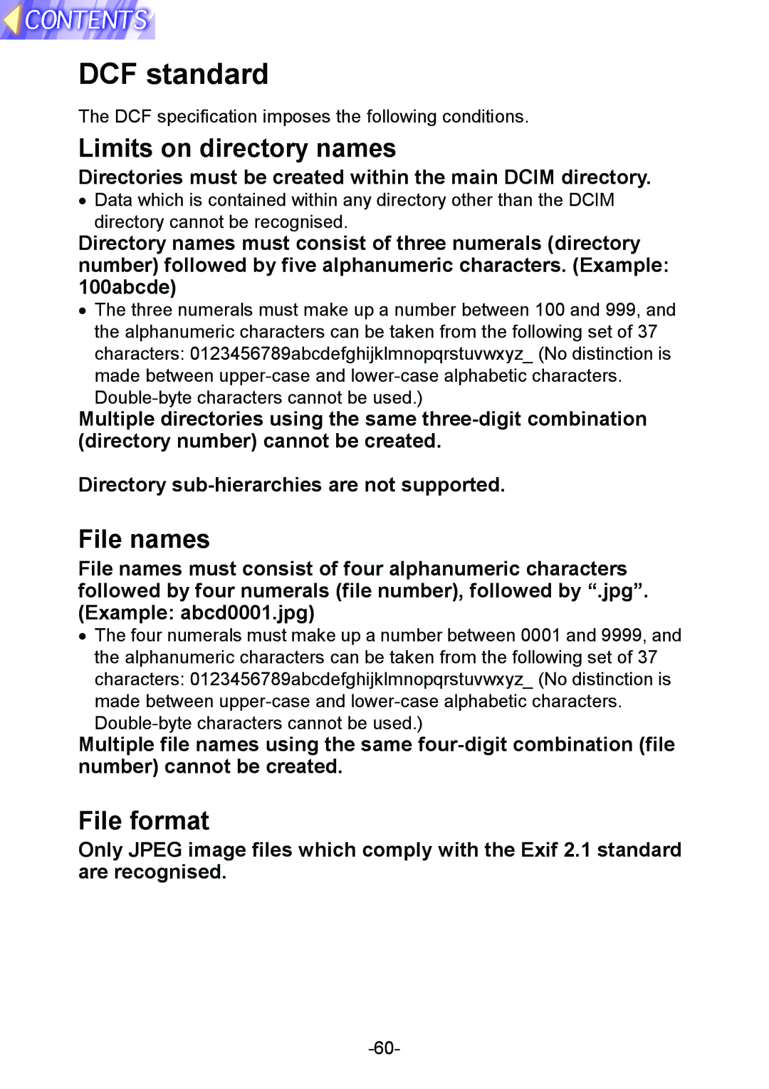 Panasonic PT-L712NTE manual DCF standard, Limits on directory names, File names, File format 