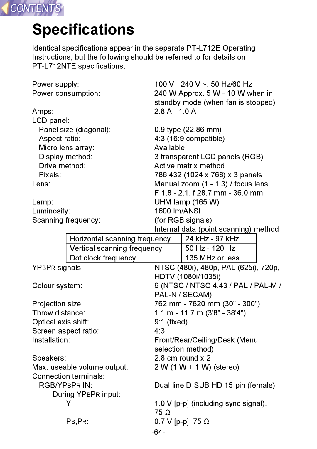 Panasonic PT-L712NTE manual Specifications, PAL-N / Secam 